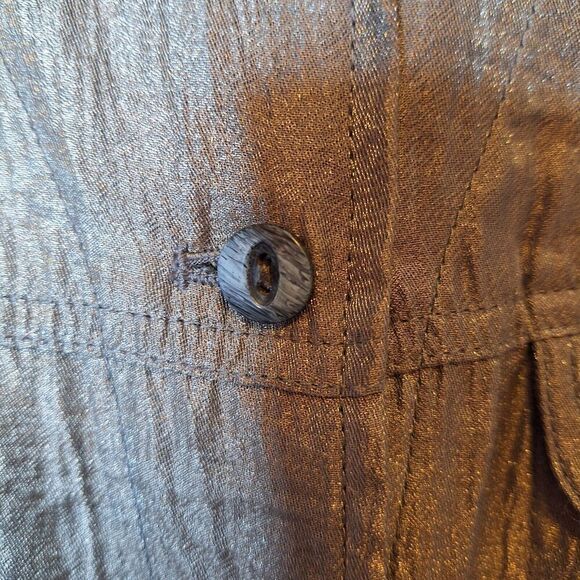 Chico's Shiny Puckered Fabric Jacket Size 2 US L Shacket Greenish Gray Button Up - Picture 5 of 9